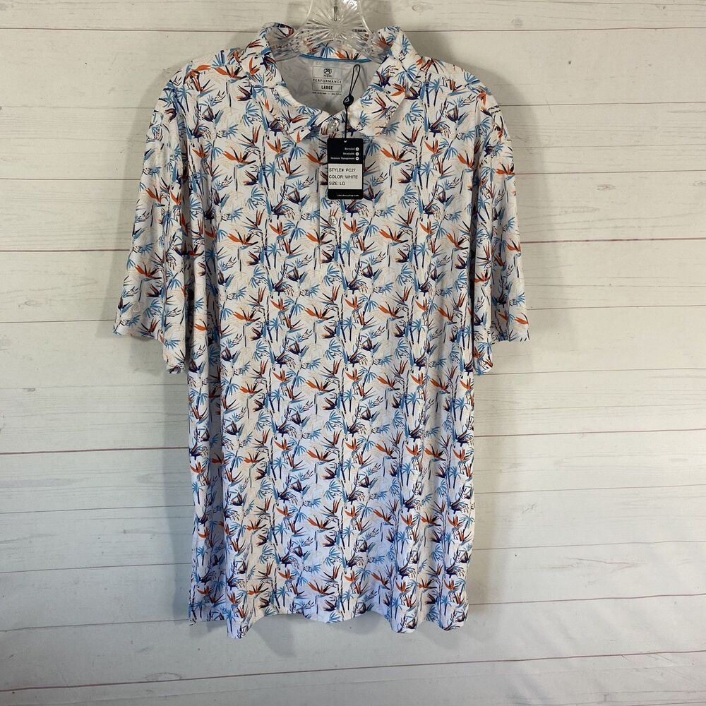 Ahead Mens Performance Short Sleeve Polo Golf Shirt Sz Large Blue/Orange Print